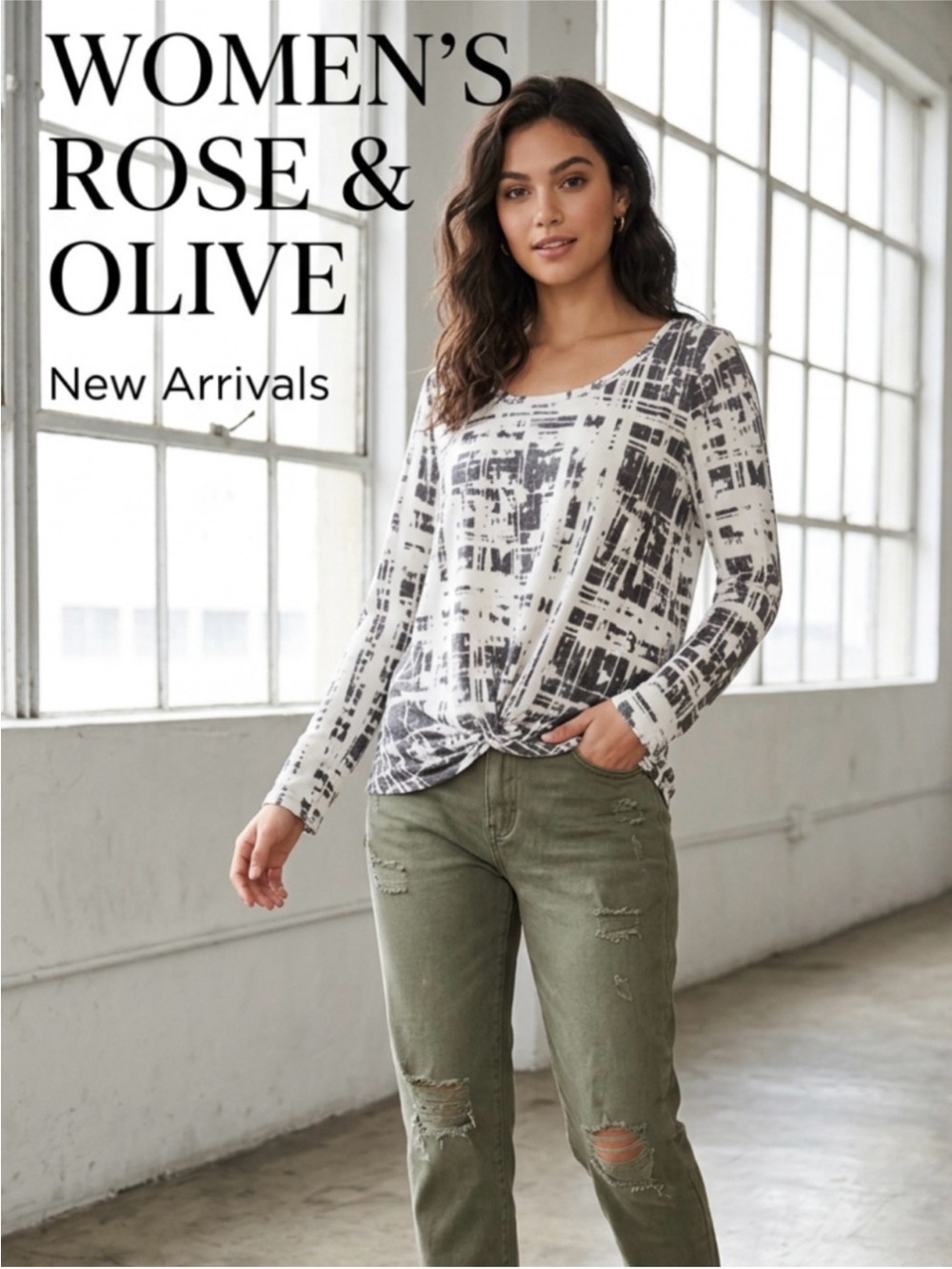 Rose & Olive Printed Long Sleeve Top ~ Size Large